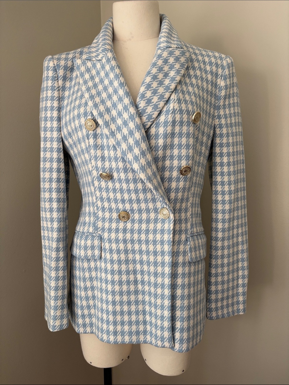 Zara Double-Breasted Houndstooth Blazer in Light Blue and White Sz M